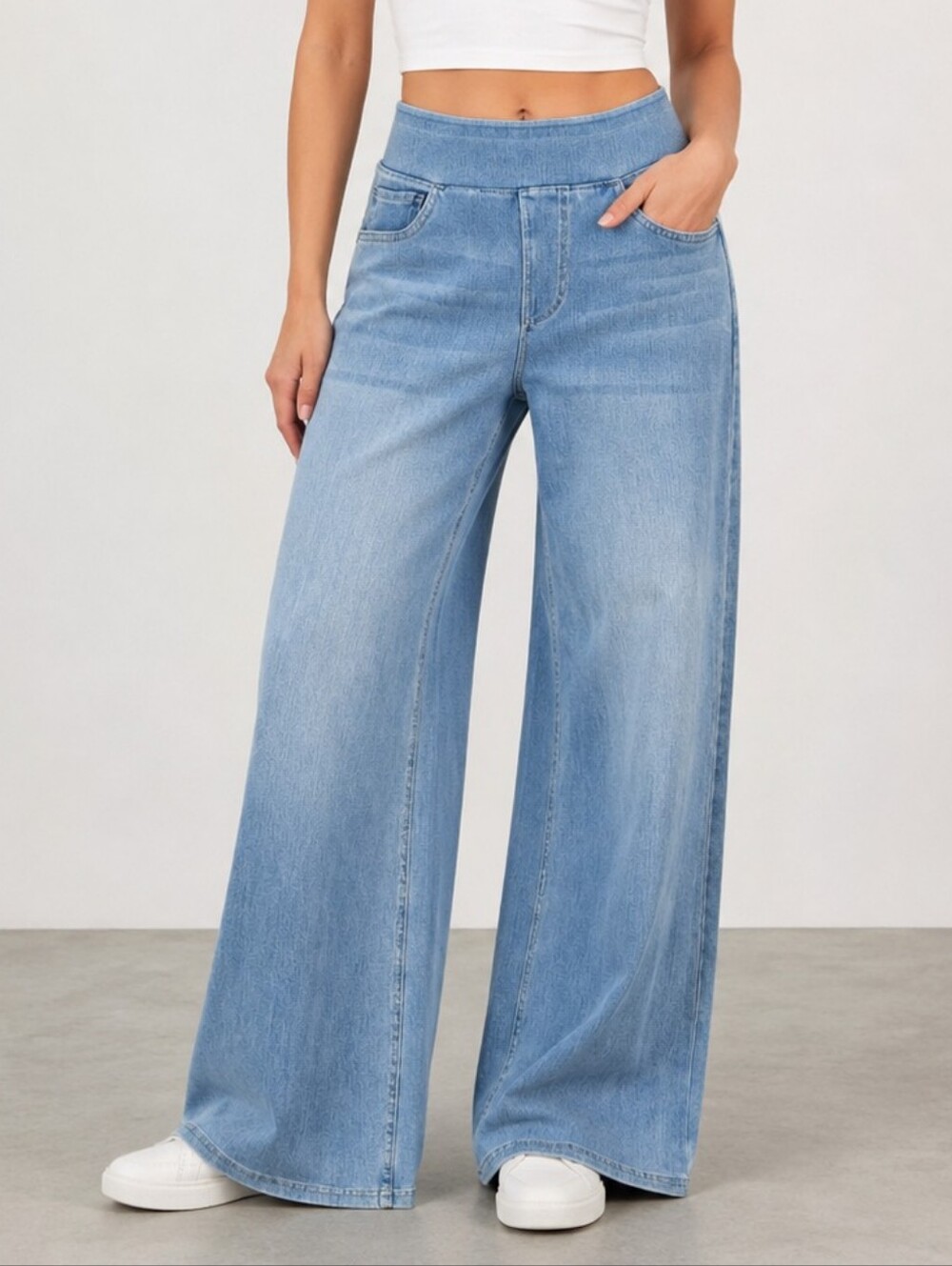 Halara Denim Pants Womens Small Petite SP Blue High Rise Wide Leg Cotton Pull On
